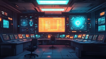 Futuristic control room with multiple monitors displaying data.