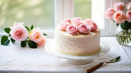 A stunning Mother’s Day cake with soft pastel frosting, decorated with pink roses and surrounded by natural light