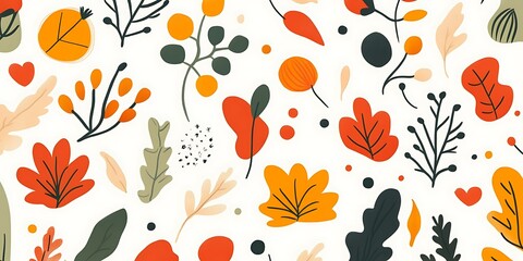 Autumnal foliage seamless pattern with orange, red, and green leaves and berries on white background.