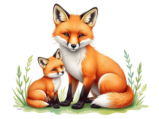 Obraz premium Vibrant Watercolor Painting Depicts A Mother Fox Surrounded By Her Baby, Isolated On A White Background Created With Ai Technology. 00003