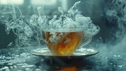 Steam rising from a cup of tea, swirling into intricate patterns that dissolve into the air like wisps of memory. 