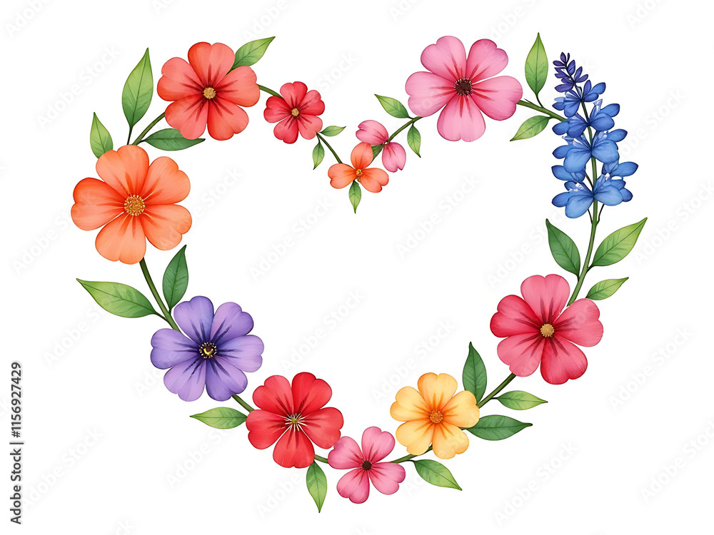 Poster vibrant watercolor flowers arranged in a heart shape on a clean white background creating a beautifu