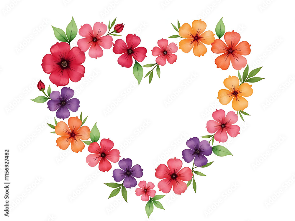 Poster vibrant watercolor flowers arranged in a heart shape on a clean white background creating a beautifu