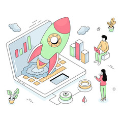 Conceptual isometric design illustration of business launch