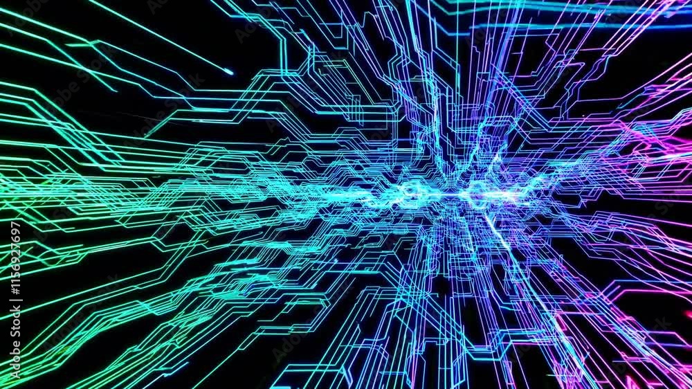 Poster abstract digital network lines exploding in vibrant colors against a black background, showcasing th