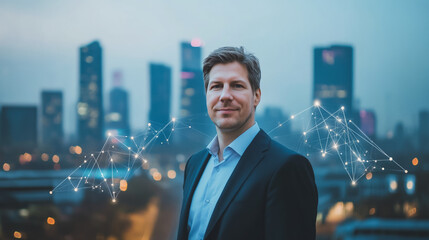 Fototapeta premium Smart digital Innovation city with connection network reciprocity over the cityscape. of future smart wireless digital city and social media networking systems that connects people with in city