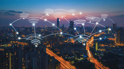Smart digital Innovation city with connection network reciprocity over the cityscape. of future smart wireless digital city and social media networking systems that connects people with in city
