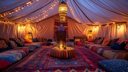 Enchanting Evening: Warmly Lit Tent Photo, Cozy Bohemian Interior. AI Generated