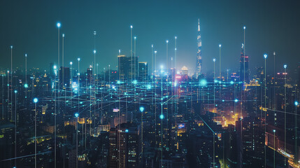 Fototapeta premium Smart digital Innovation city with connection network reciprocity over the cityscape. of future smart wireless digital city and social media networking systems that connects people with in city