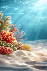 A coral reef set against a sandy ocean floor, showcasing diverse marine flora and fauna. © Petchladda