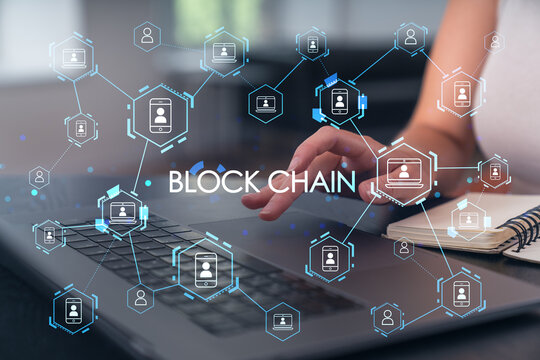 Woman typing on laptop at office workplace in background. Concept of working process, internet surfing, online business education. Student send e-mail. Close up view. Blockchain icons - Powered by Adobe