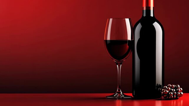 Bottle of red wine and a wine glass are on a red background. The wine glass is half full and the bottle is almost empty. Scene is relaxed and sophisticated, as it suggests a moment of leisure