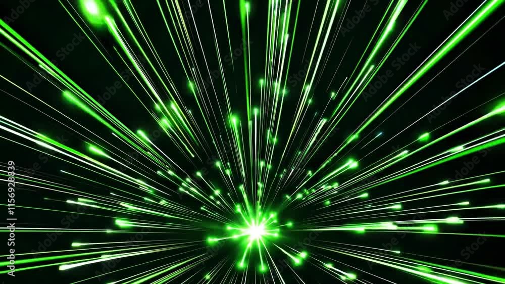 Poster a vibrant explosion of green light rays radiating outward, creating an energetic and dynamic visual 
