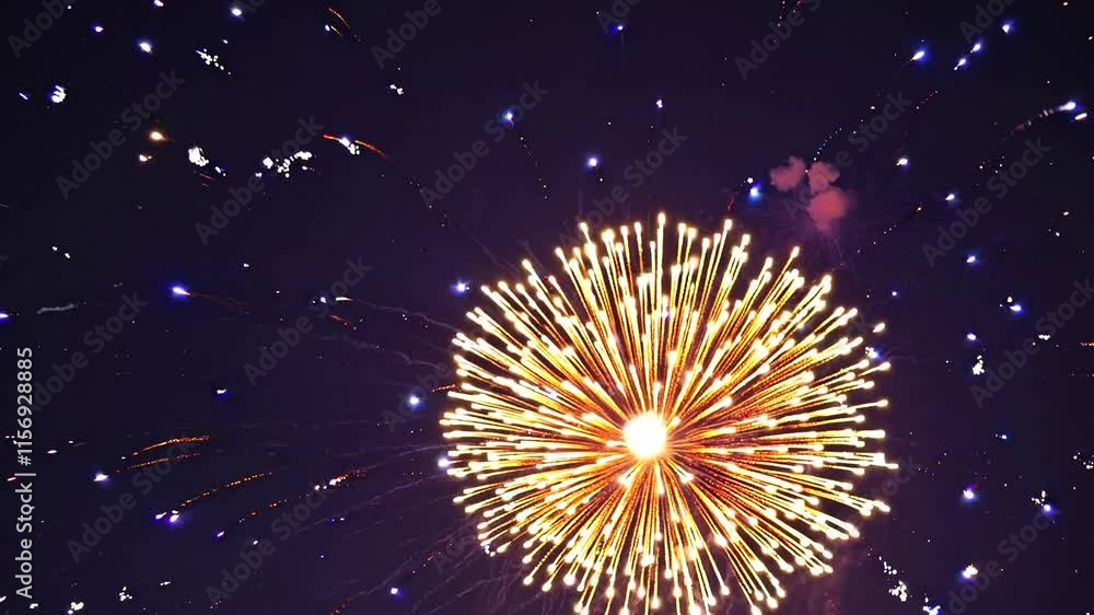 Poster a stunning display of colorful fireworks exploding in a night sky, creating a festive atmosphere for