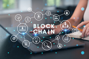 Woman typing on laptop at office workplace in background. Concept of working process, internet surfing, online business education. Student send e-mail. Close up view. Blockchain icons