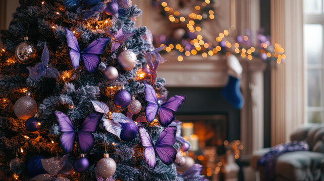 A Christmas tree adorned with purple butterfly designs and twinkling lights, creating a unique and festive atmosphere for holiday home decorations.