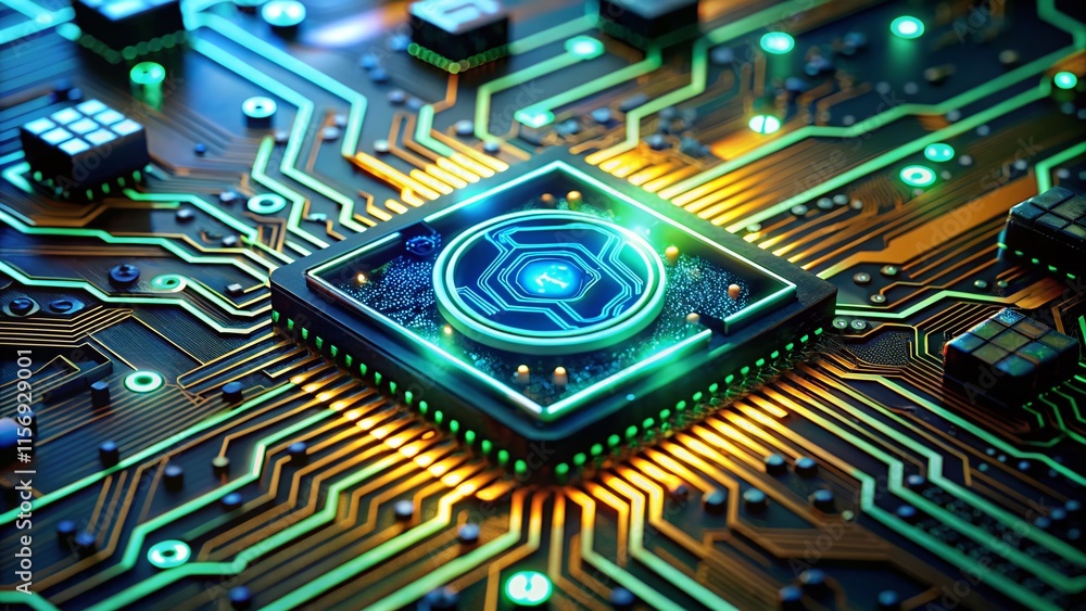 Poster glowing ai circuit board close-up: advanced artificial intelligence technology