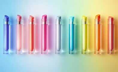 Colorful lipstick tubes lined up in rainbow colors on a pastel background
