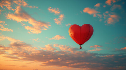 Fototapeta premium Colorful big hot air heart shaped balloon flying against the cloudy sky
