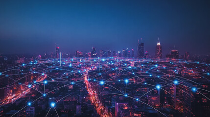 Fototapeta premium Smart digital Innovation city with connection network reciprocity over the cityscape. of future smart wireless digital city and social media networking systems that connects people with in city