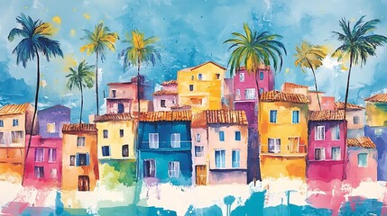 Vibrant Watercolor Illustration: Sun-Drenched Mediterranean Village Scene. AI Generated