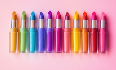 Colorful lipsticks lined up in rainbow colors on a pastel background