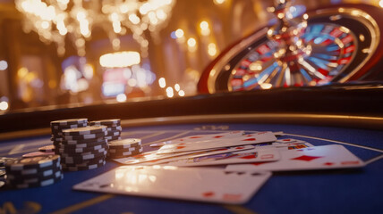 Close-up of a casino table with fanned-out cards and poker chips, or a spinning roulette wheel, in warm lighting.