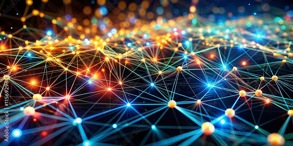 Aufkleber glowing network nodes: abstract low-light interconnected system stock photo