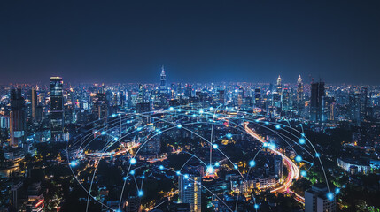 Fototapeta premium Smart digital Innovation city with connection network reciprocity over the cityscape. of future smart wireless digital city and social media networking systems that connects people with in city