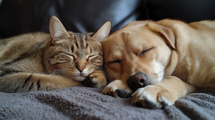 Adorable little kitten and puppy sleeping on bed indoors