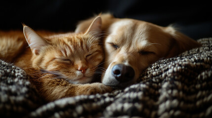 Adorable little kitten and puppy sleeping on bed indoors