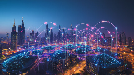 Obraz premium Smart digital Innovation city with connection network reciprocity over the cityscape. of future smart wireless digital city and social media networking systems that connects people with in city