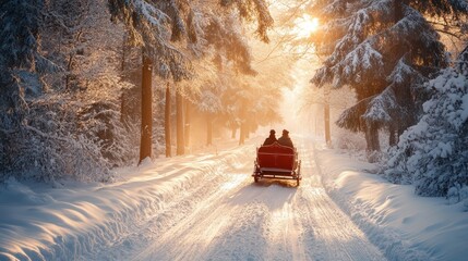 Couple in vintage sleigh rides through snowy forest at sunset.