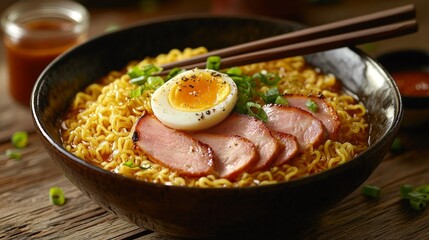 Steaming Japanese Ramen Bowl with Traditional Toppings