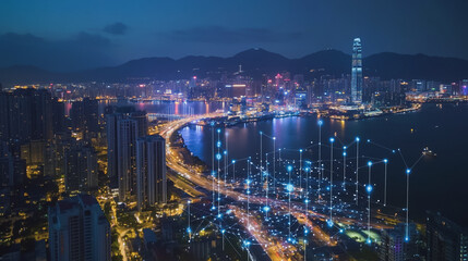 Fototapeta premium Smart digital Innovation city with connection network reciprocity over the cityscape. of future smart wireless digital city and social media networking systems that connects people with in city