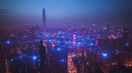 Obraz premium Smart digital Innovation city with connection network reciprocity over the cityscape. of future smart wireless digital city and social media networking systems that connects people with in city
