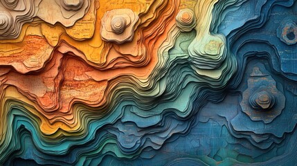 An abstract topographic map with geographic features and contour lines