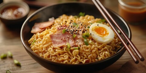 Steaming Japanese Ramen Bowl with Traditional Toppings
