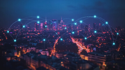 Obraz premium Smart digital Innovation city with connection network reciprocity over the cityscape. of future smart wireless digital city and social media networking systems that connects people with in city
