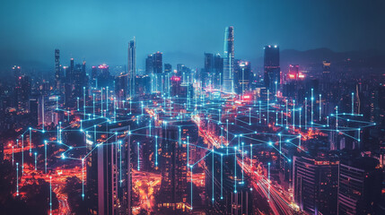 Fototapeta premium Smart digital Innovation city with connection network reciprocity over the cityscape. of future smart wireless digital city and social media networking systems that connects people with in city