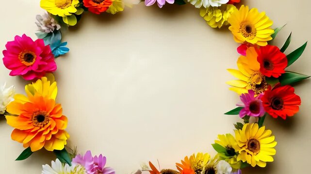 Colorful flower arrangement with a white background. The flowers are of various colors and sizes, and they are arranged in a circular pattern. Scene is cheerful and vibrant