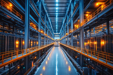 Server Racks and Cabinets full of Hard Drives inside Large Data Center. Advanced Cloud Computing Concept.
