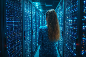 Server Racks and Cabinets full of Hard Drives inside Large Data Center. Advanced Cloud Computing Concept.
