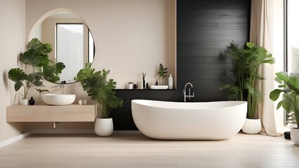 Fototapeta premium A sophisticated bathroom including black parquet flooring, white and beige walls, a white sink with an oval mirror, a bathtub, a shower, and plants. A contemporary, minimalist bathroom. The generative