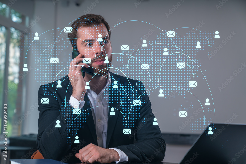 Poster smiling businessman talking holding using smartphone typing at office workplace with notebook. conce