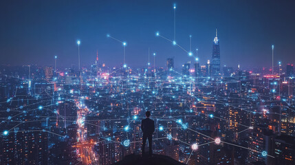 Fototapeta premium Smart digital Innovation city with connection network reciprocity over the cityscape. of future smart wireless digital city and social media networking systems that connects people with in city