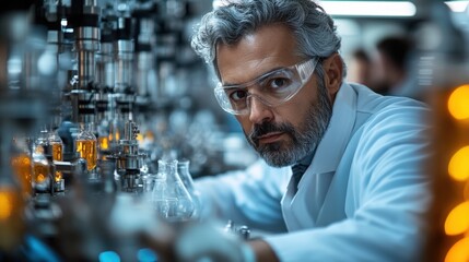Serious scientist in lab coat and safety glasses looking at the camera, in a modern industrial setting.