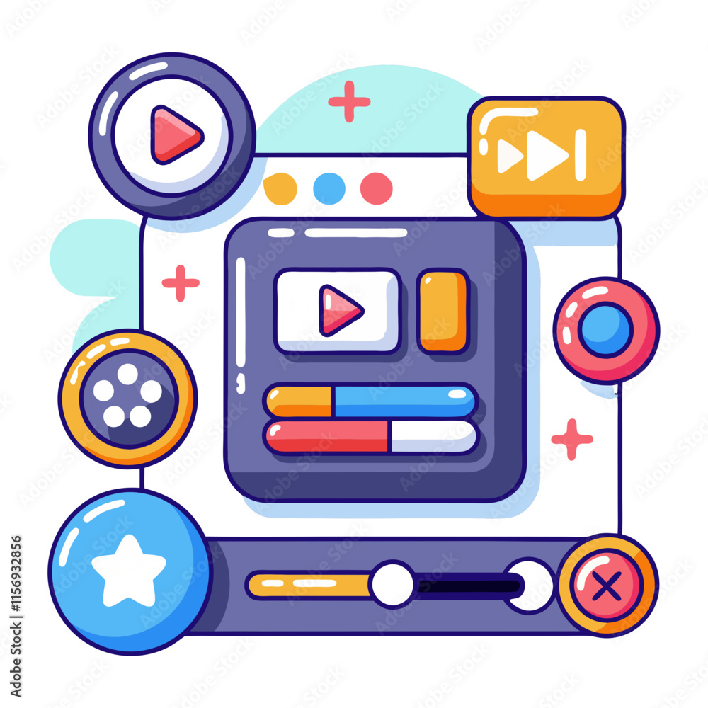 Poster Interactive user interface with buttons and sliders for multimedia control in a digital workspace design