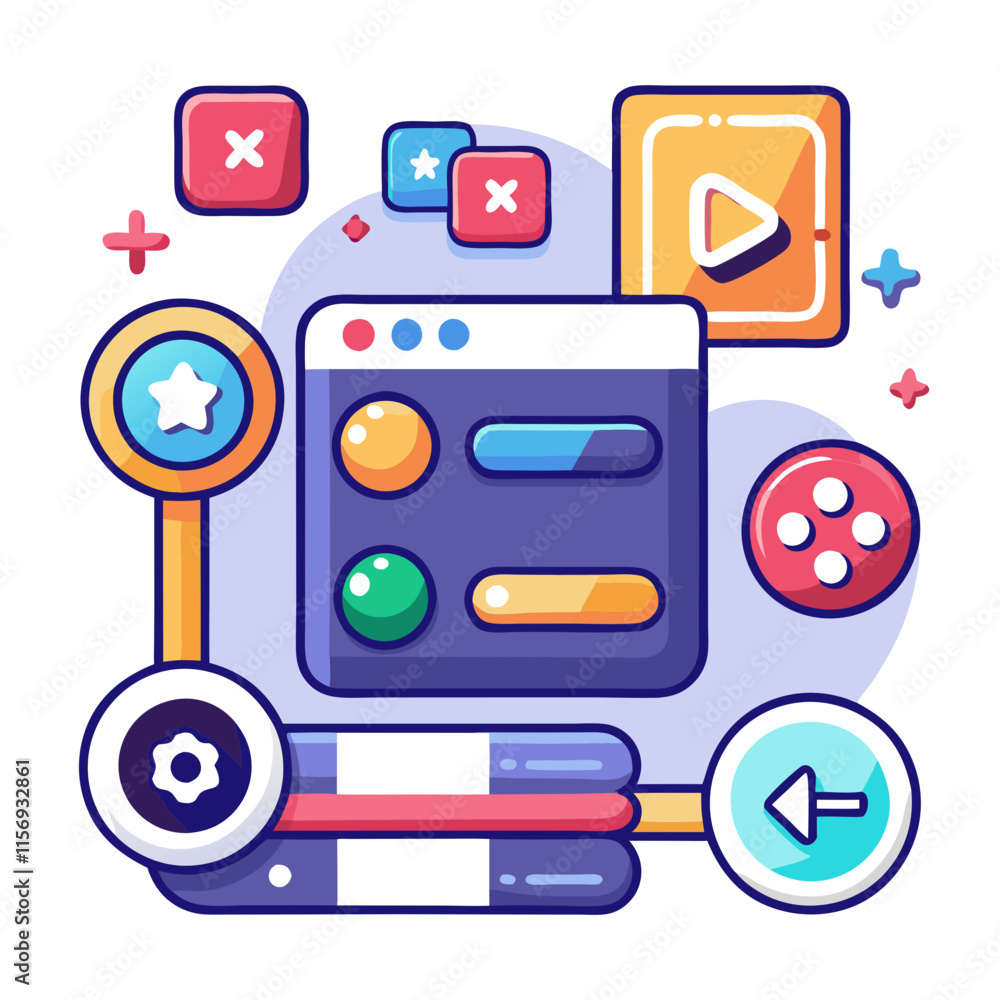 Poster Exploring interactive elements like buttons and sliders in a colorful user interface design for engaging digital experiences