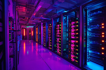 Server Racks and Cabinets full of Hard Drives inside Large Data Center. Advanced Cloud Computing Concept.
